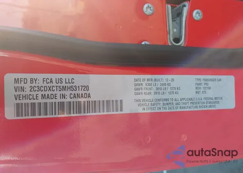 2021 Dodge Charger R/T Rwd z USA, uszkodzony, nr VIN 2C3CDXCT5MH531720